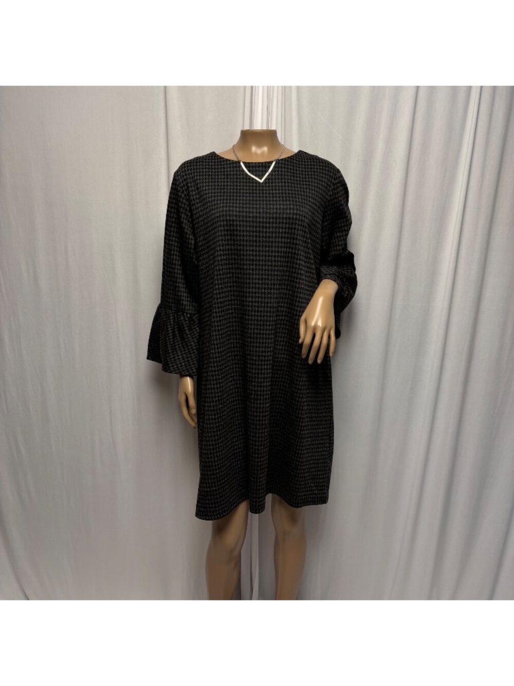 Beachlunchlounge Black Gray Houndstooth Dress Sz XL Bell Sleeves Academia Comfy